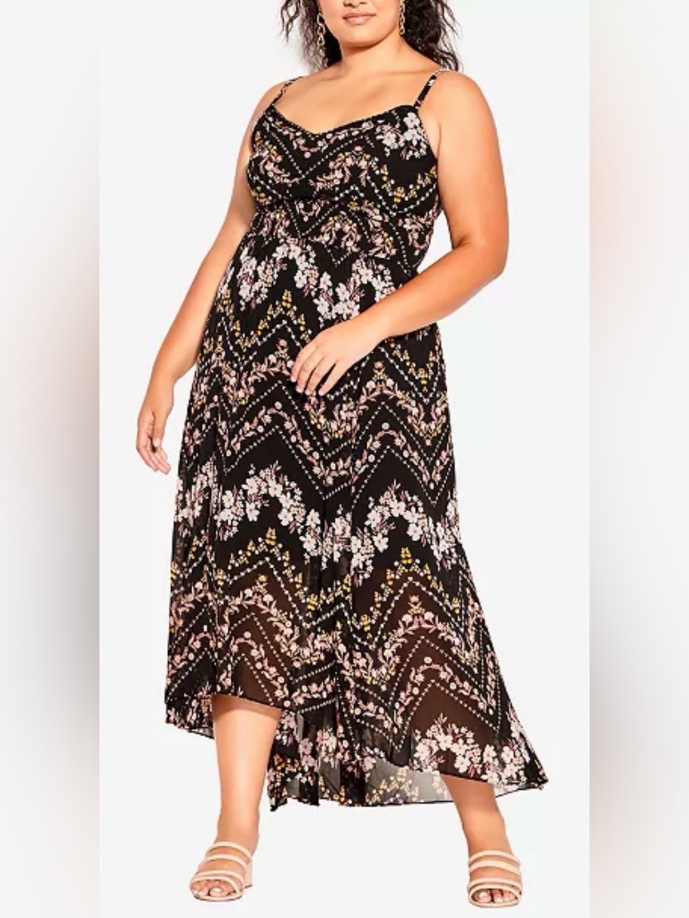 City Chic Black Garland Maxi Dress with Pink and Cream Floral Print